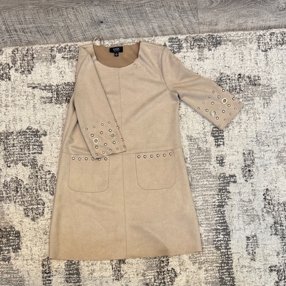 MSK Dresses & Skirts - MSK petite  Beige 3/4 length Sleeve Dress with Studded Accents